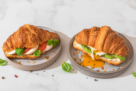 Croissant sandwiches with poached egg, avocado, soft cheese, mozzarella and tomato in a plate on white background. french breakfast. Tasty foodの写真素材