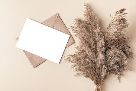 Blank greeting card with dry cane reeds or pampas grass on beige background. Flat lay. Mock up. Autumn background. Top viewの写真素材