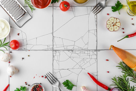 Cooking food background. Frame made of seasoning, spices, herbs, sauces and vegetables on white tile kitchen table. Top view with copy spaceの写真素材