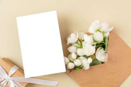 Blank greeting card with white jasmine flowers and gift box on beige background. Wedding invitation. Mock up. Flat layの写真素材