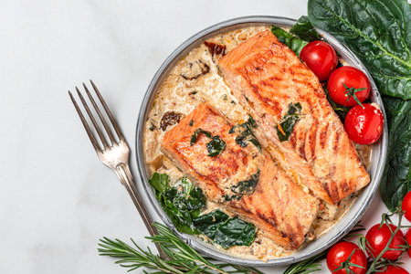 Grilled salmon steak with cream sauce, spinach, tomatoes and rosemary on white marble background. top viewの写真素材
