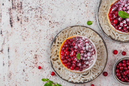Tartlet with fresh cowberry, cream and sugar powder on rustic background. Berry tart. Top view. Delicious dessertの写真素材