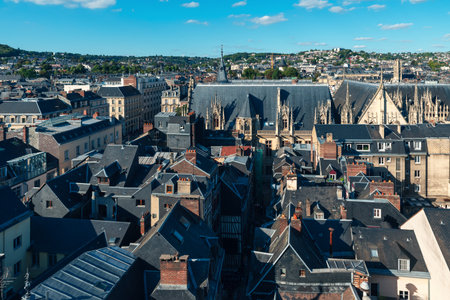 Aerial view of Rouen town with black rooftops on a sunny day, Normandy, France. Architecture and...