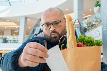 Disappointed plus size man with shopping paper bag full of food looks at sale paper receipt on escalator in supermarket. Male shocked by food inflation and rising prices in shopping mallの写真素材