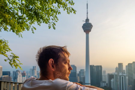 Rear view of thoughtful man in modern apartment looking at panoramic window with Kuala Lumpur city view. Back view of unhappy sad male at home. Mental health, life problems, emotional stress conceptの写真素材