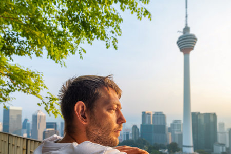 Thoughtful man standing on rooftop terrace with green plants and looking at panoramic view of Kuala Lumpur city with tower at sunrise, Malaysia. Sleepy male tourist looking at skyline of Asian cityの写真素材