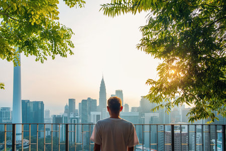 Rear view of man standing on the rooftop terrace of high rise building with green trees and looking at panoramic skyline of Kuala Lumpur city at sunrise, Malaysia. Back view of male travelerの写真素材