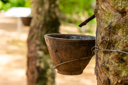 Rubber tapping process with latex dripping from a rubber tree into the cup, showcasing traditional rubber extraction and agricultural practices, Phuket, Thailand.の写真素材