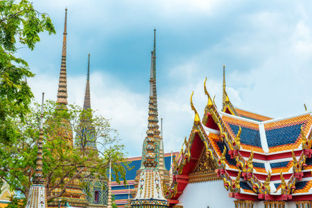 Thai Stupas in Wat Pho Temple Complex in Bangkok city with traditional Buddhist architecture in Thailand, Asia. Temple of the Reclining Buddha. Popular tourist landmarkの写真素材