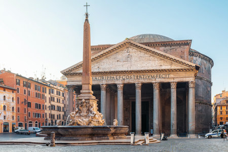 Rome Pantheon in the Rotonda Square, Italy. Piazza della Rotonda with fountain and ancient obelisk...