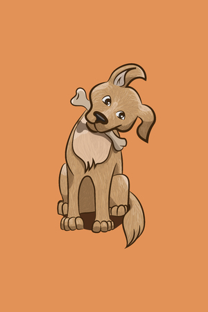a dog sitting and looking and holding a bone in the jawsのイラスト素材