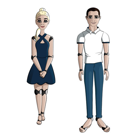 doll or robot stand, wait, boy and girlのイラスト素材