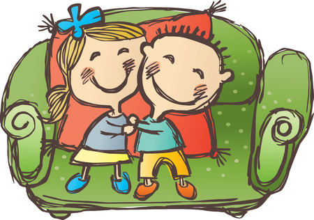 Vector drawing of pair the cheerful children sitting on a sofa, executed in style of a sketch.のイラスト素材
