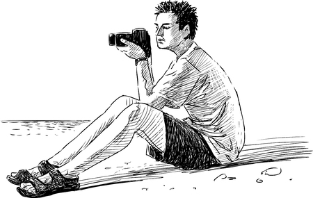 The vector drawing of a guy takes pictures on the seashore.のイラスト素材