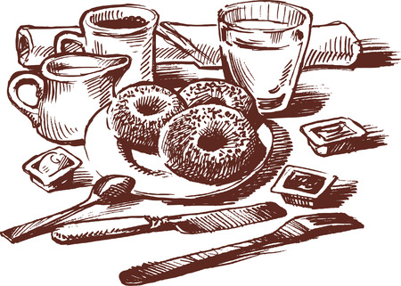 Vector drawing - still life with breakfast served.のイラスト素材