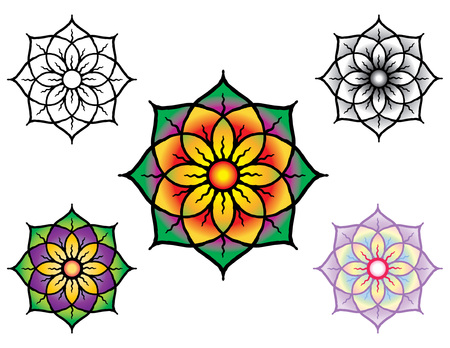 Vector drawing of a decorative flower in five coloristic variants.のイラスト素材