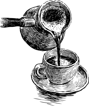 Vector drawing of a coffee maker with hot coffee and a coffee cup.のイラスト素材