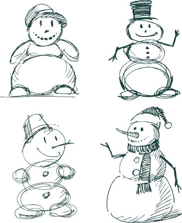 Vector sketches of the different cheerful snowmen.のイラスト素材