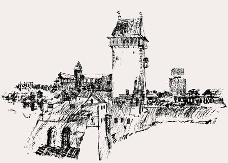 Vector image of the old fortress with the watch tower.のイラスト素材