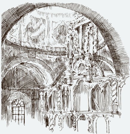 The vector image of the interior fragment of an old curch.のイラスト素材