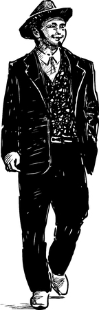 Vector drawing of a walking man in the vintage costume.のイラスト素材