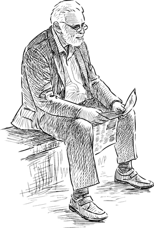 Vector drawing of an old man reads on the park benchのイラスト素材