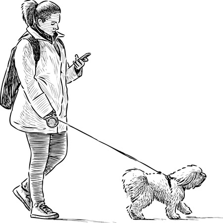 Vector sketch of a townswoman wth her pet on a walkのイラスト素材