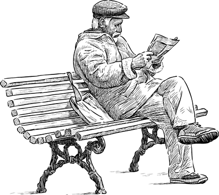 An old man reads a newspaper on the park benchのイラスト素材
