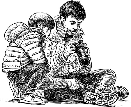 A father with his son taking the picturesのイラスト素材
