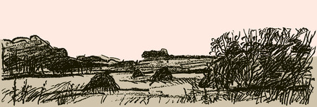 Pencil sketch of an autumn rural landscapeのイラスト素材