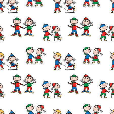 Seamless background of funny kids in winter sportsのイラスト素材