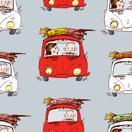 Seamless background of people going on vacation on their carsのイラスト素材