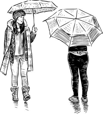 Sketch of teens girls meeting in the rainのイラスト素材