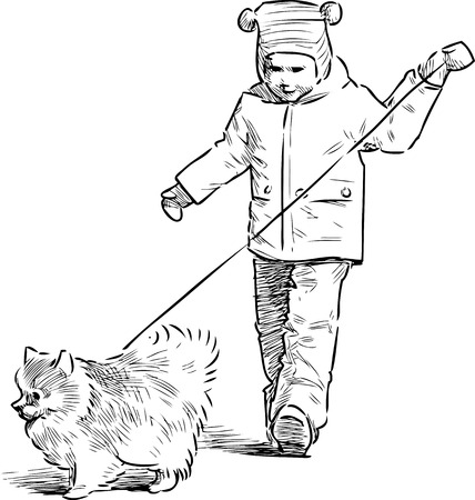 A little child with his pet going on a strollのイラスト素材