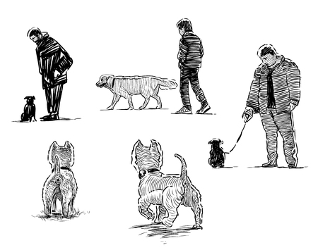 Sketches of dogs on walk with their ownersのイラスト素材