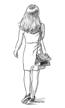 Sketch of teen girl going along street on summer dayのイラスト素材