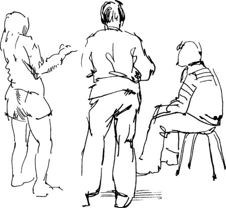Contour doodle drawings of seated and standing people talking to each otherのイラスト素材