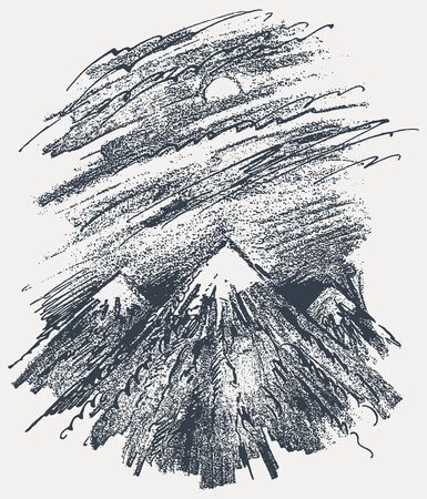 Freehand drawing of mountain landscape with snowy peaks and moon in cloudsのイラスト素材