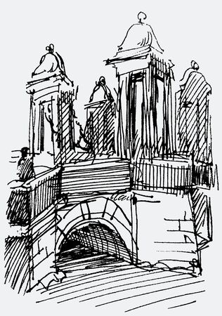 Outline drawing of old river bridge with architectural elementsのイラスト素材