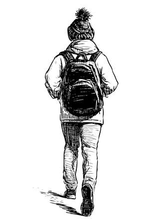 Sketch of city woman in cap and with backpack walking down streetのイラスト素材