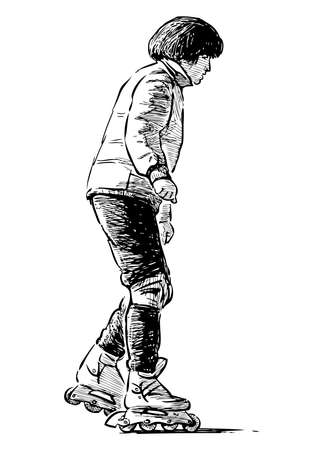 Sketch of casual city woman riding on roller skatesのイラスト素材