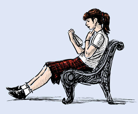 Vector image of teen girl reading book on park benchのイラスト素材