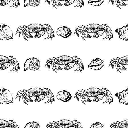 Seamless pattern of sketches sea lobsters with seashellsのイラスト素材