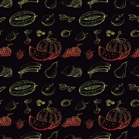 Seamless pattern of sketches various ripe fruits