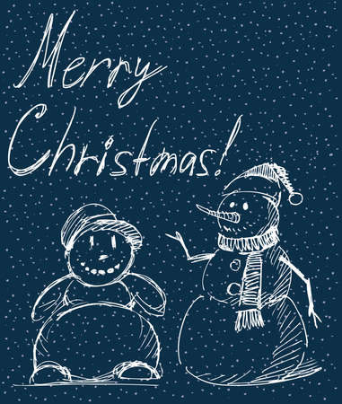 Vector greeting card with sketches joyful christmas snowmenのイラスト素材