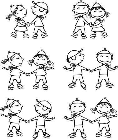 Contour drawings of cartoon cheerful kids skatingのイラスト素材