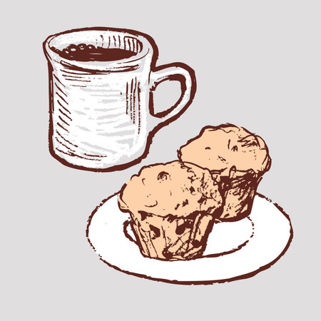 Vector drawing of coffee cup and muffins on saucerのイラスト素材