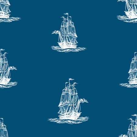 Seamless background of sketches ancient sailing ship in the seaのイラスト素材