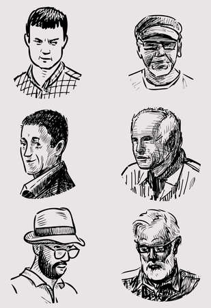 Sketches of various faces young people and seniors menのイラスト素材