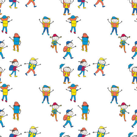 Seamless background of cartoon cheerful teen tourists in hikeのイラスト素材